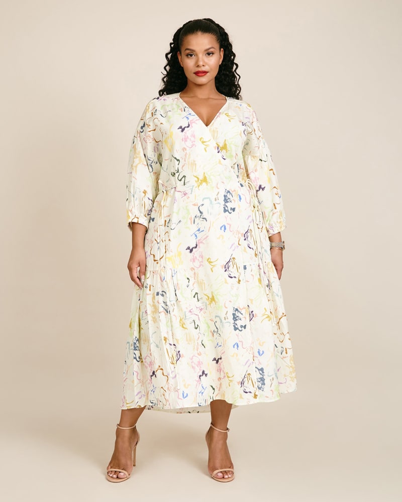 Front of a model wearing a size 14 Ile Wrap Dress in Brushstrokes Floral by Apiece Apart. | dia_product_style_image_id:224712